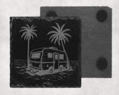 Slate coasters with etched palm trees and a vintage camper scene.