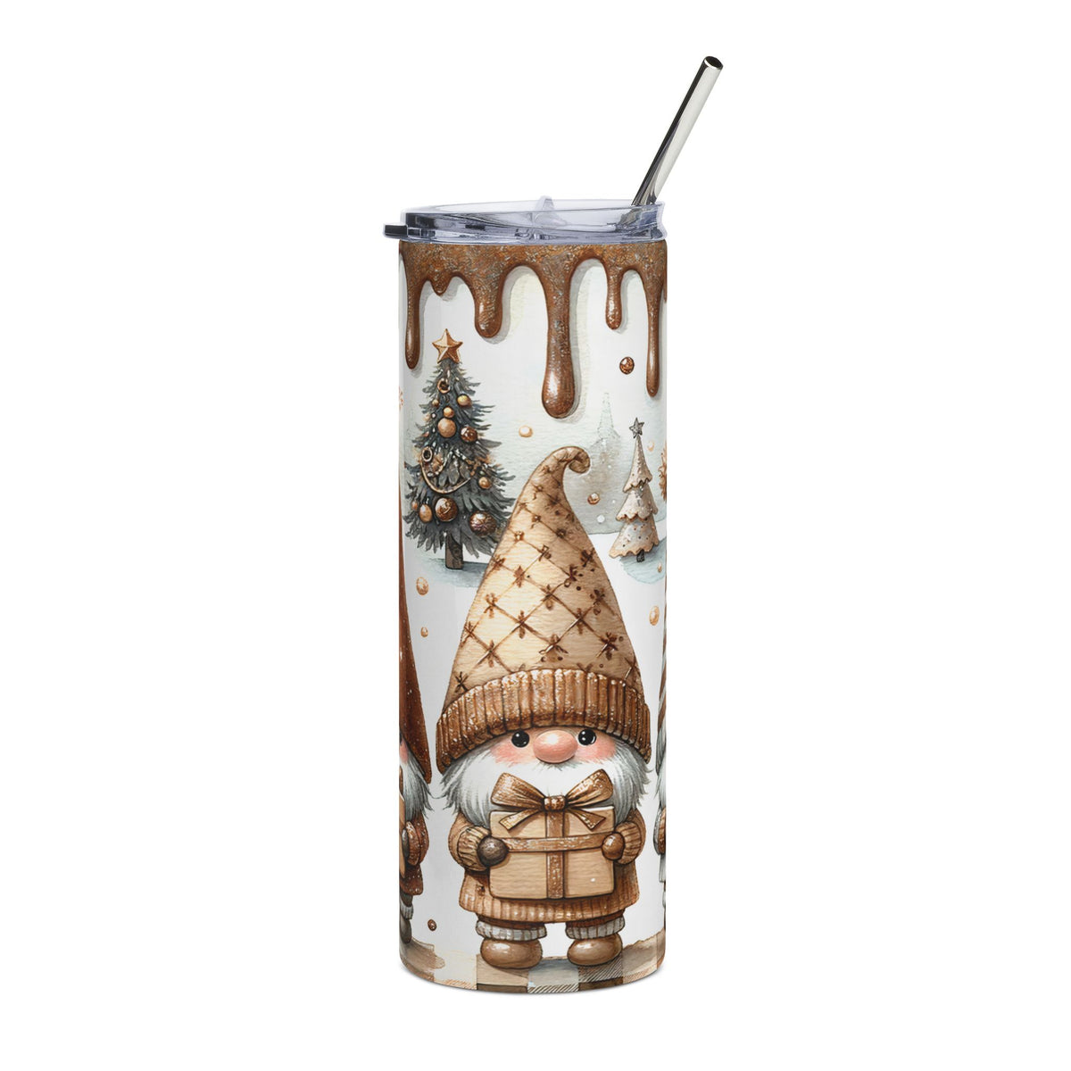 Tumbler with dripping chocolate, gnomes, and Christmas trees.