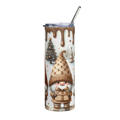 Tumbler with dripping chocolate, gnomes, and Christmas trees.