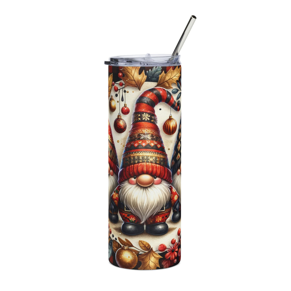 Tumbler with gnome and festive holiday pattern, featuring leaves and ornaments.