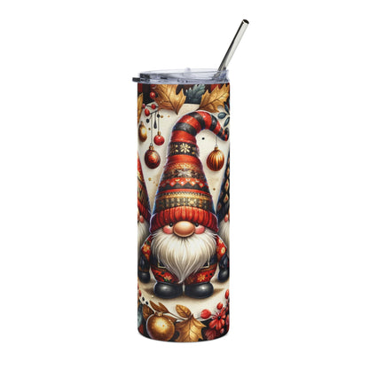 Tumbler with gnome and festive holiday pattern, featuring leaves and ornaments.