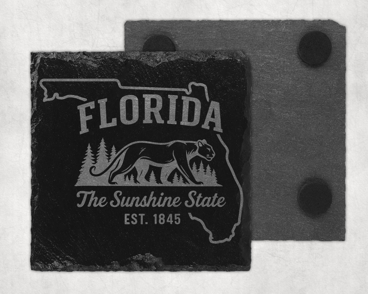 Florida slate coaster with panther, pine trees, and text "The Sunshine State Est. 1845".
