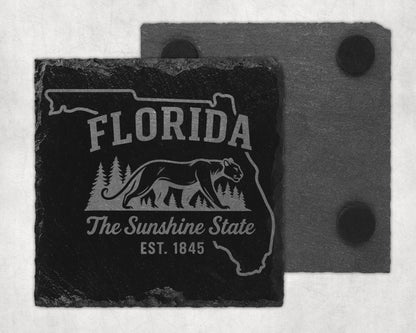 Florida slate coaster with panther, pine trees, and text "The Sunshine State Est. 1845".