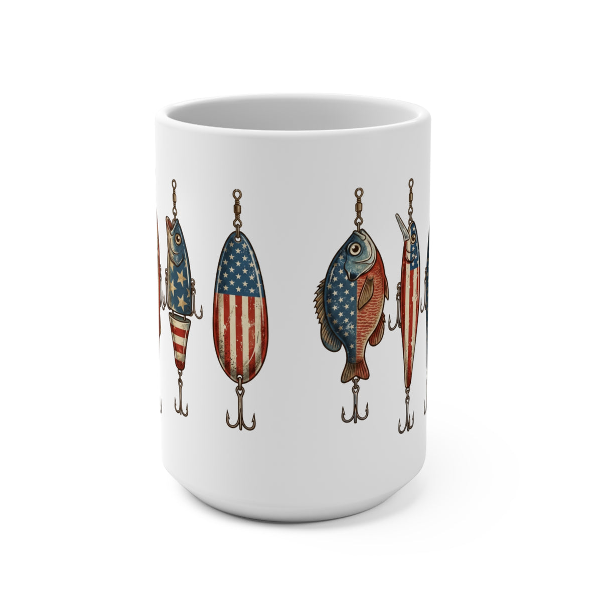 White mug with American flag fishing lures and fish printed around it.