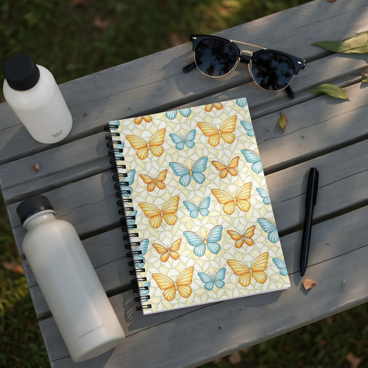 Spiral notebook with yellow and blue butterfly pattern on a wooden bench.