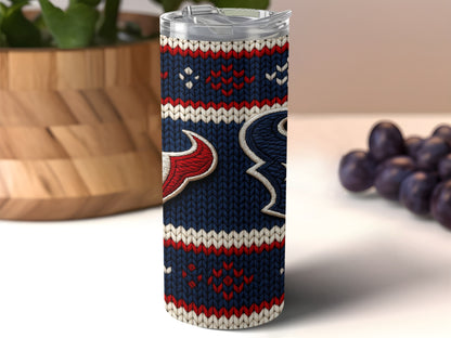 Houston Texans tumbler with knit pattern and logos.