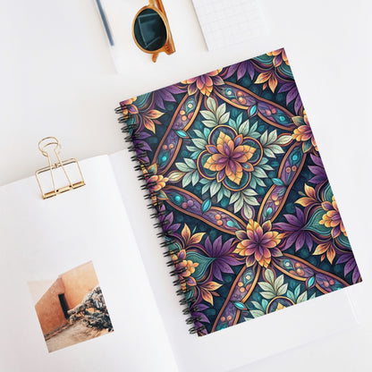 Spiral notebook with colorful mandala floral pattern and black binding.