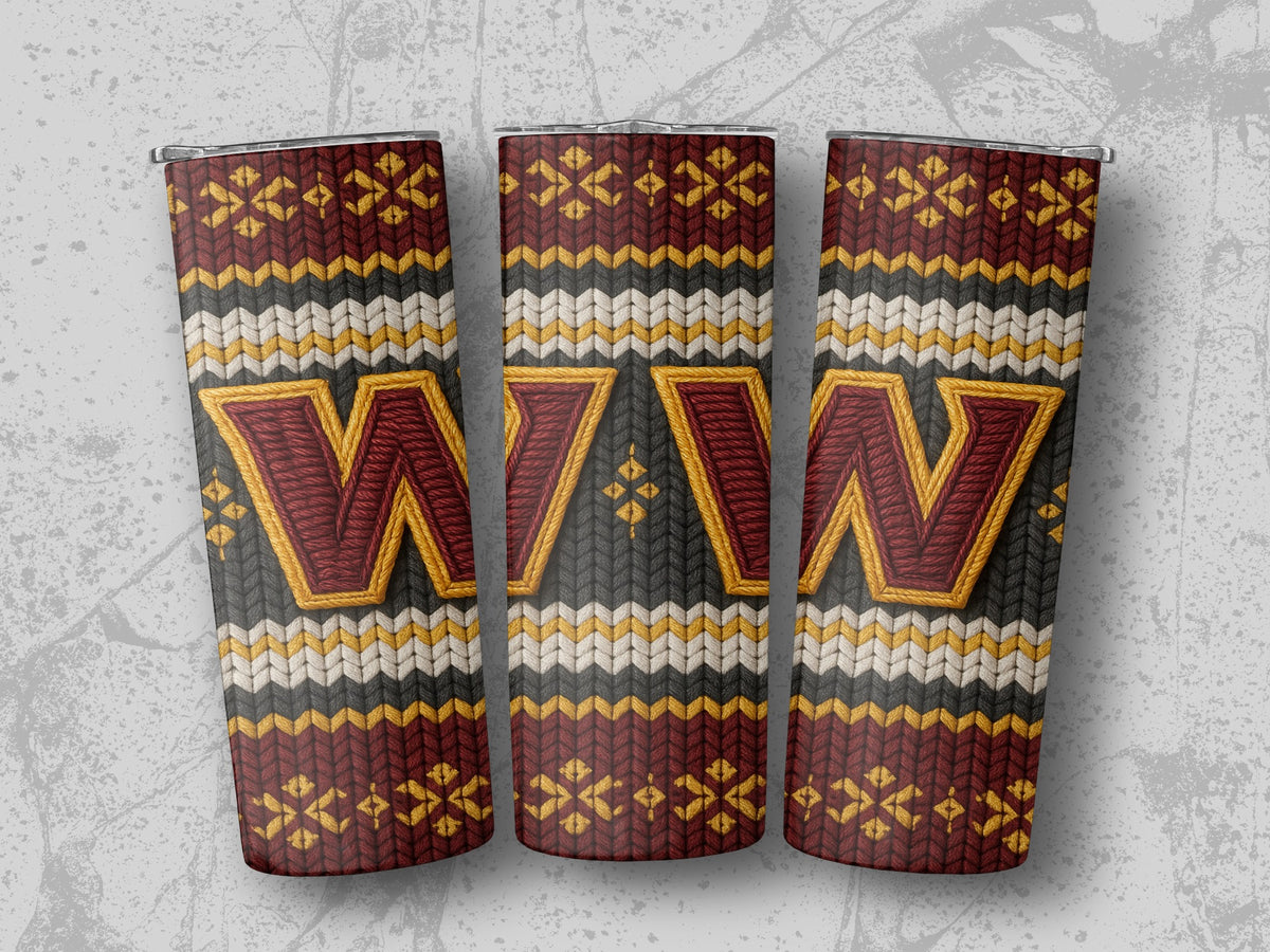 Three tumblers with Washington Commanders "W" logo and knitted pattern.