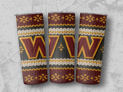 Three tumblers with Washington Commanders "W" logo and knitted pattern.