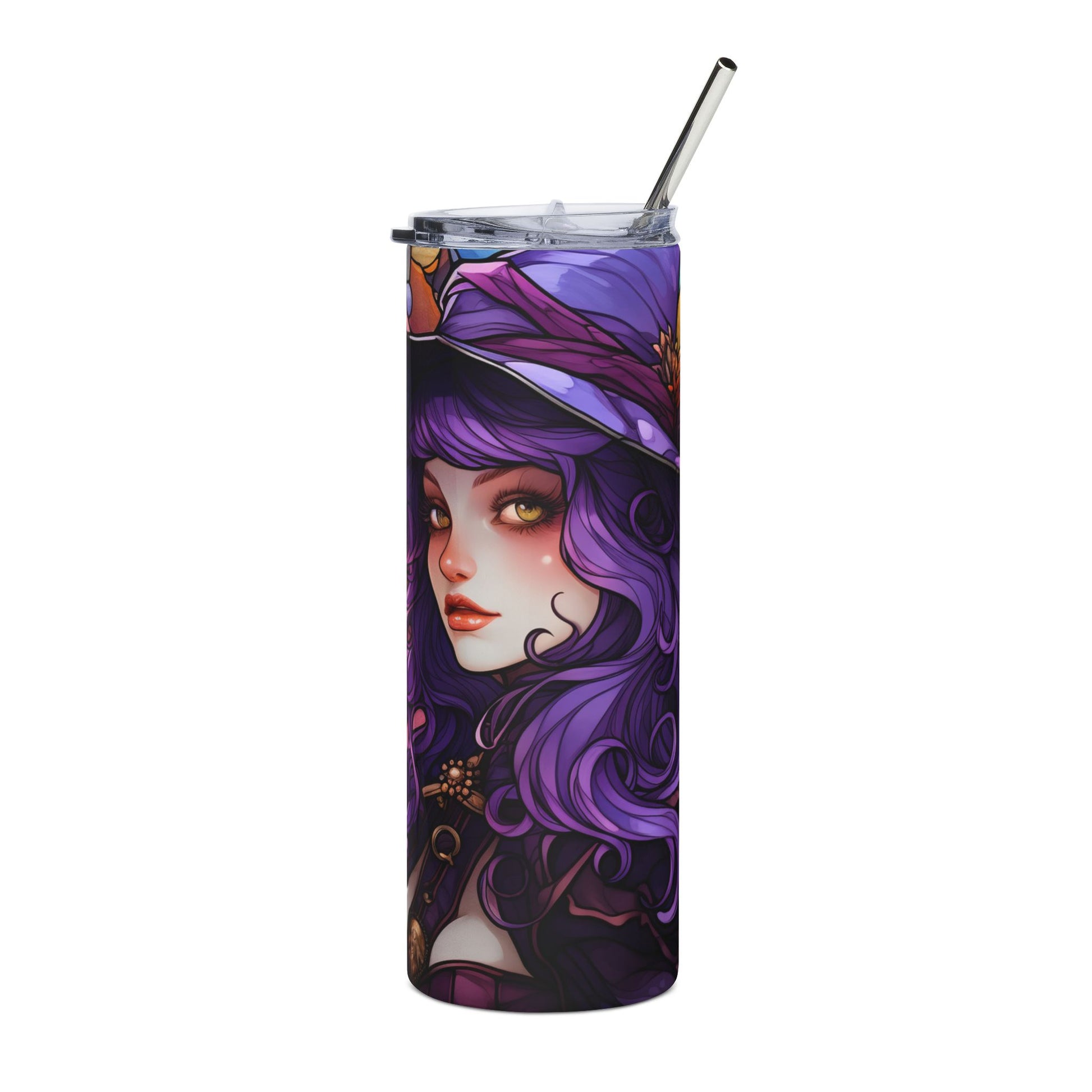 Tumbler with illustration of a purple-haired witch wearing a witch hat.