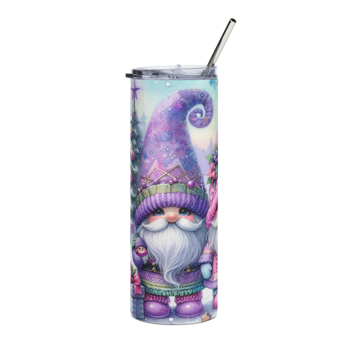 Tumbler with watercolor gnome and Christmas tree design, featuring purple hat and beard.