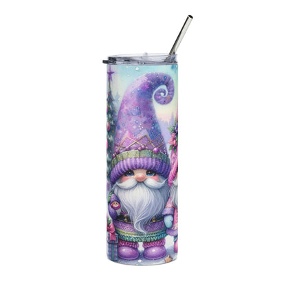 Tumbler with watercolor gnome and Christmas tree design, featuring purple hat and beard.
