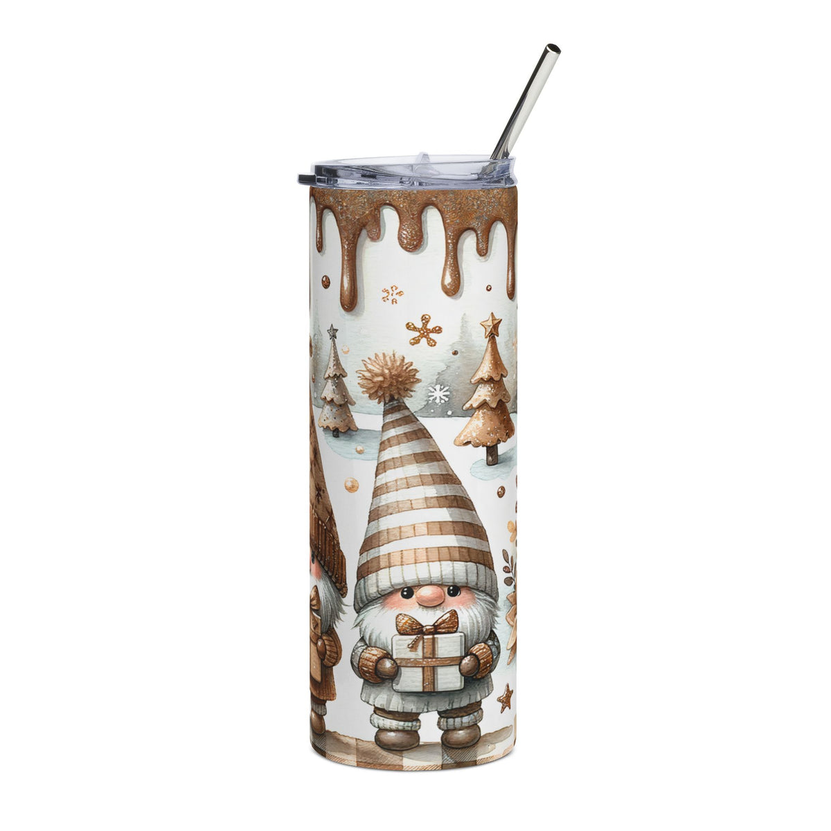Tumbler with chocolate drip lid and gnome and Christmas tree watercolor design.