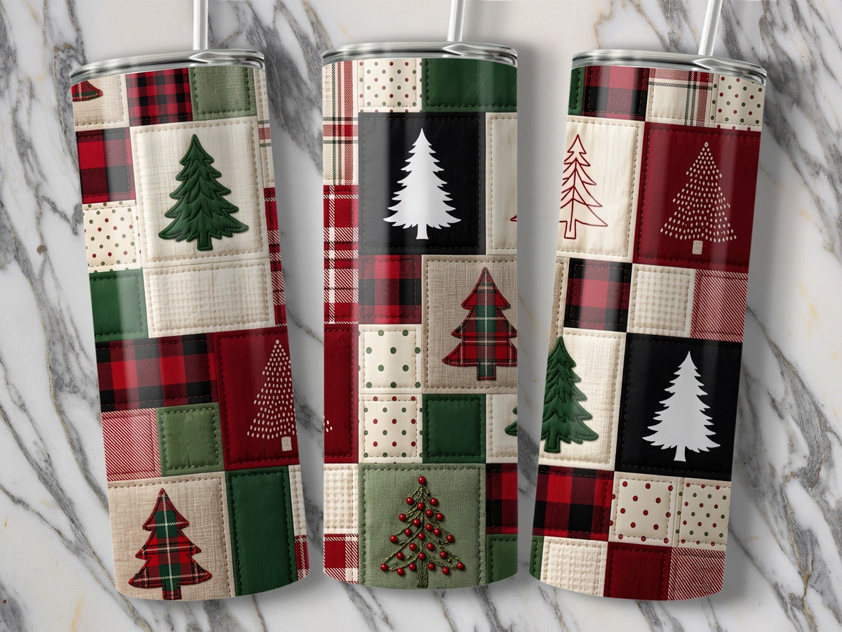 Three tumblers with patchwork Christmas tree designs and plaid patterns.