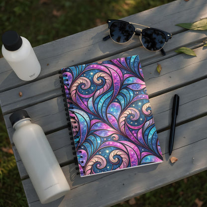 Spiral notebook with abstract blue, pink, and purple cosmic swirl design.