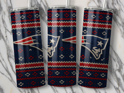 Three New England Patriots tumblers with a knit pattern and logo.