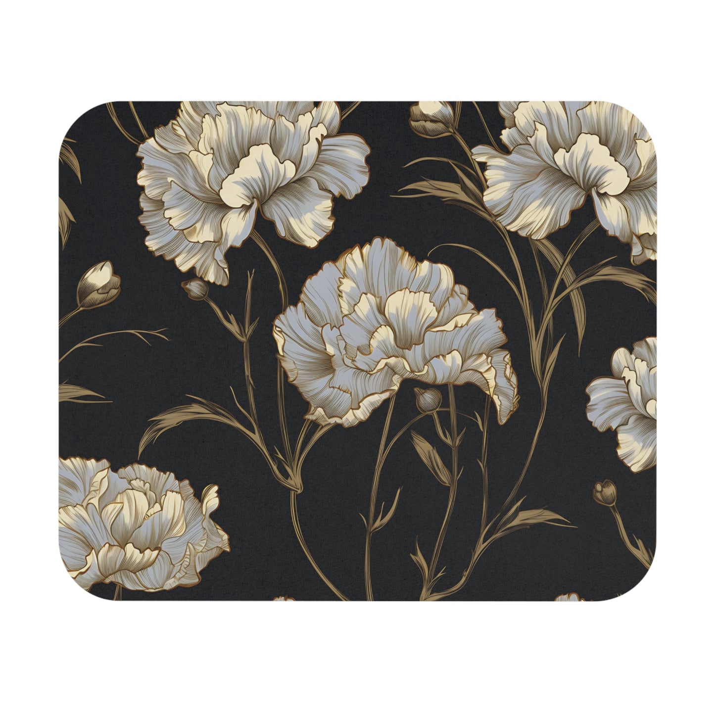 Floral pattern with large, light-colored peonies on a dark textured background.