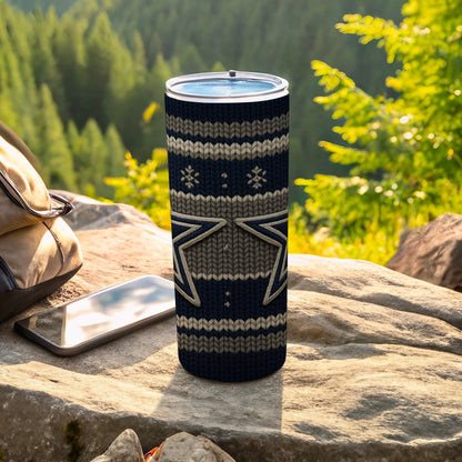 Tall tumbler with dark blue and grey knit pattern and star emblem.