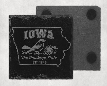 Iowa state outline coaster with bird, flower, and text: The Hawkeye State EST. 1846