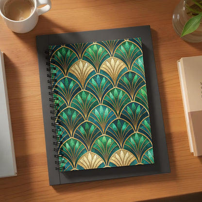 Spiral notebook with Art Deco fan pattern in green and gold on dark blue.