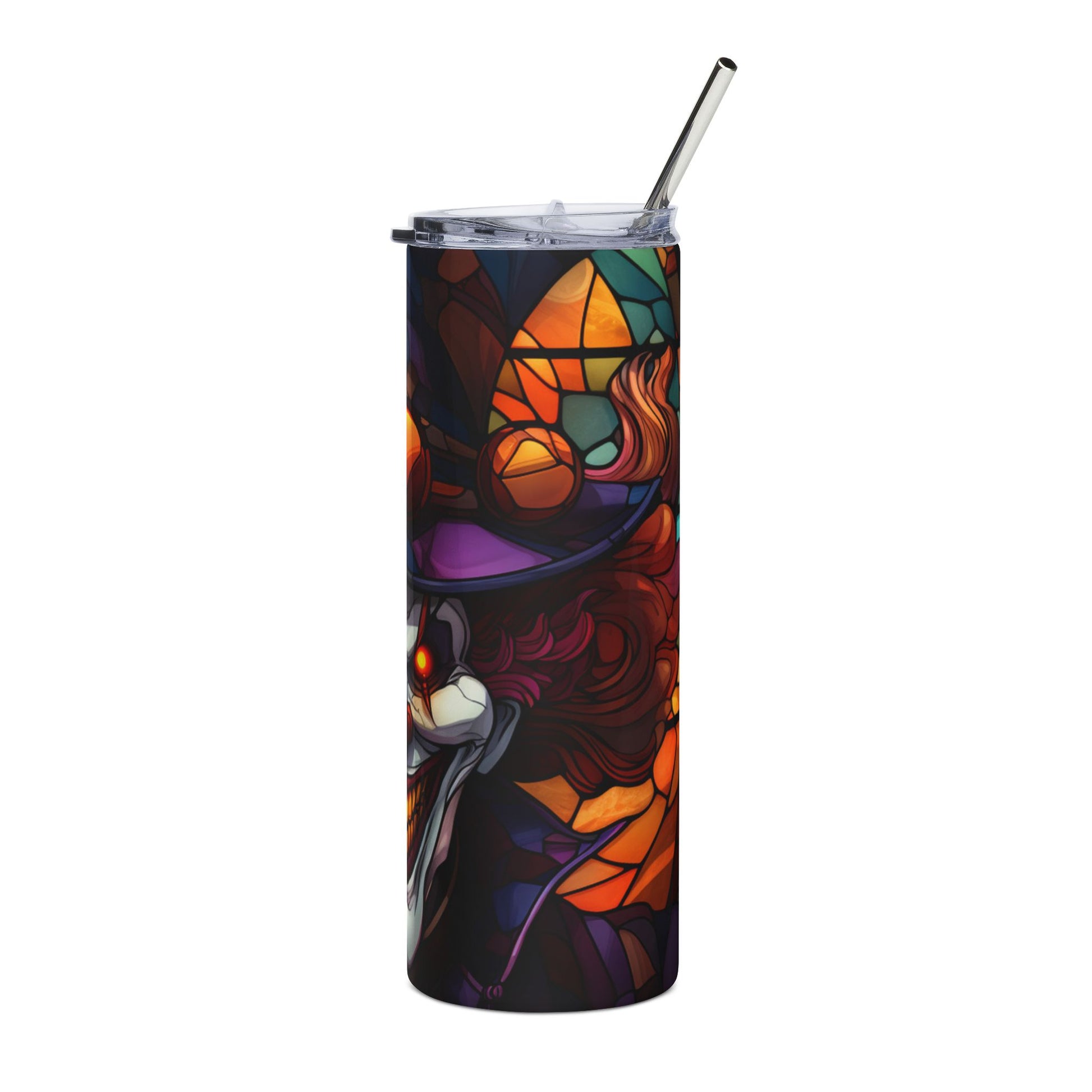 Tumbler with stained glass-style clown art and a metal straw.