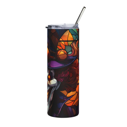 Tumbler with stained glass-style clown art and a metal straw.