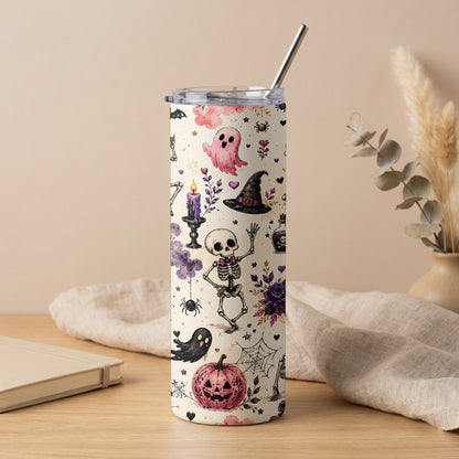 White tumbler with Halloween pattern including skeletons, ghosts, pumpkin, and witch hat.