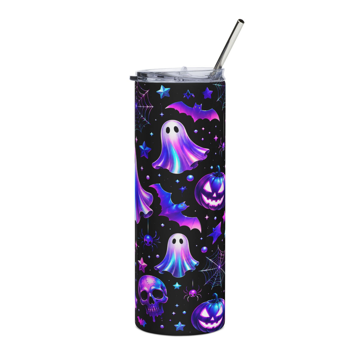 Black tumbler with glowing Halloween pattern including ghosts, bats, and pumpkins.