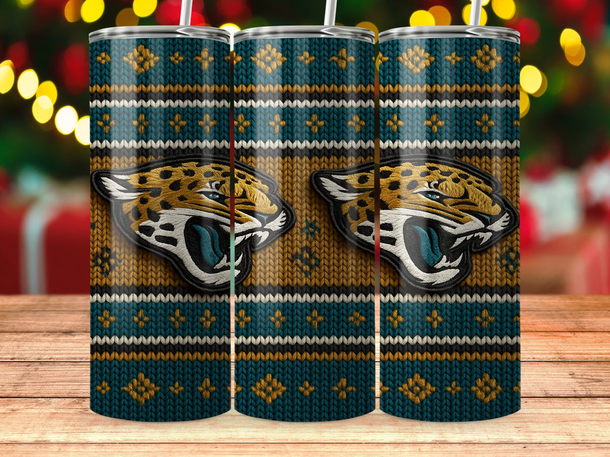 Three tumblers with a teal, gold, and white knitted pattern and jaguar heads.