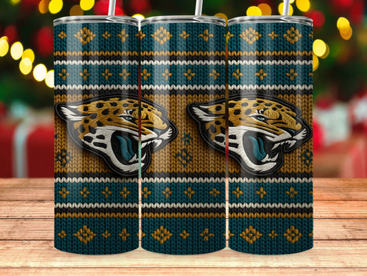 Three tumblers with a teal, gold, and white knitted pattern and jaguar heads.