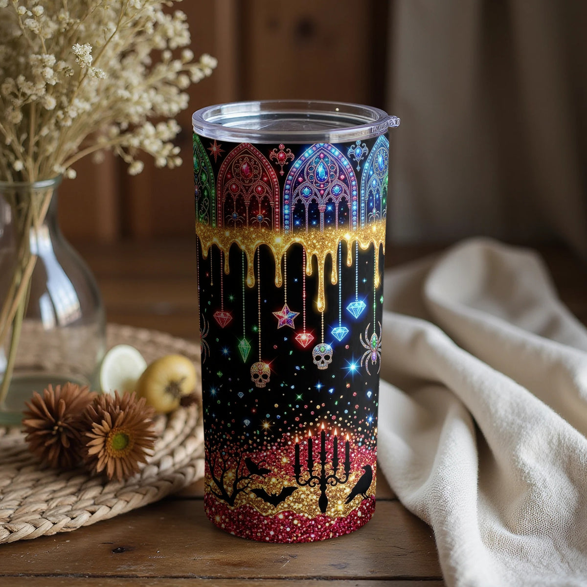 Black tumbler with gothic stained glass, skulls, spiders, bats, and candles.