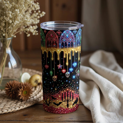 Black tumbler with gothic stained glass, skulls, spiders, bats, and candles.