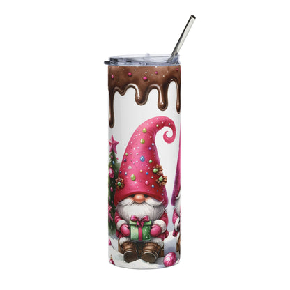 Tumbler with dripping chocolate design and a Christmas gnome holding a gift.