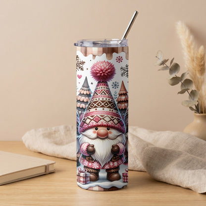 Gnome and Christmas tree design on a tumbler with a metal straw.