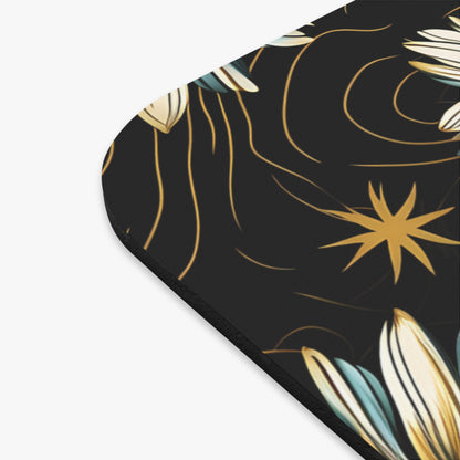 Floral pattern with gold swirls and starbursts on a black background.