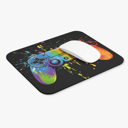 Mousepad with a colorful ink splash design of a video game controller.