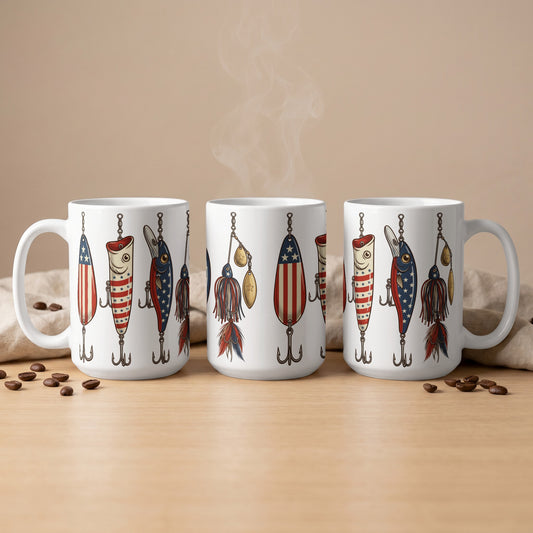 Three white mugs with fishing lures featuring American flag patterns and steam rising.