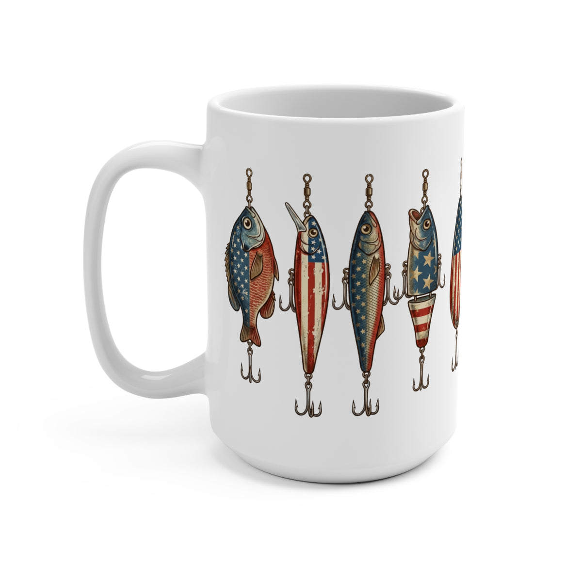 White mug with American flag patterned fishing lures displayed.