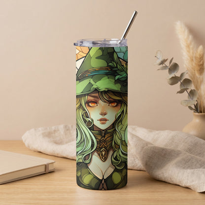 Green witch illustration on a skinny tumbler with a stainless steel straw.
