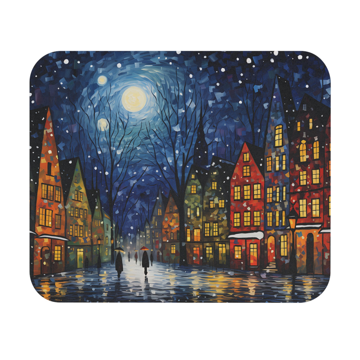 Row of colorful buildings at night with falling snow and a full moon.