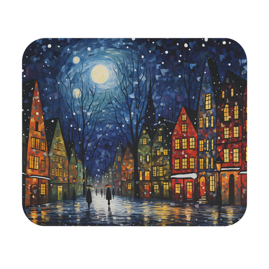 Row of colorful buildings at night with falling snow and a full moon.