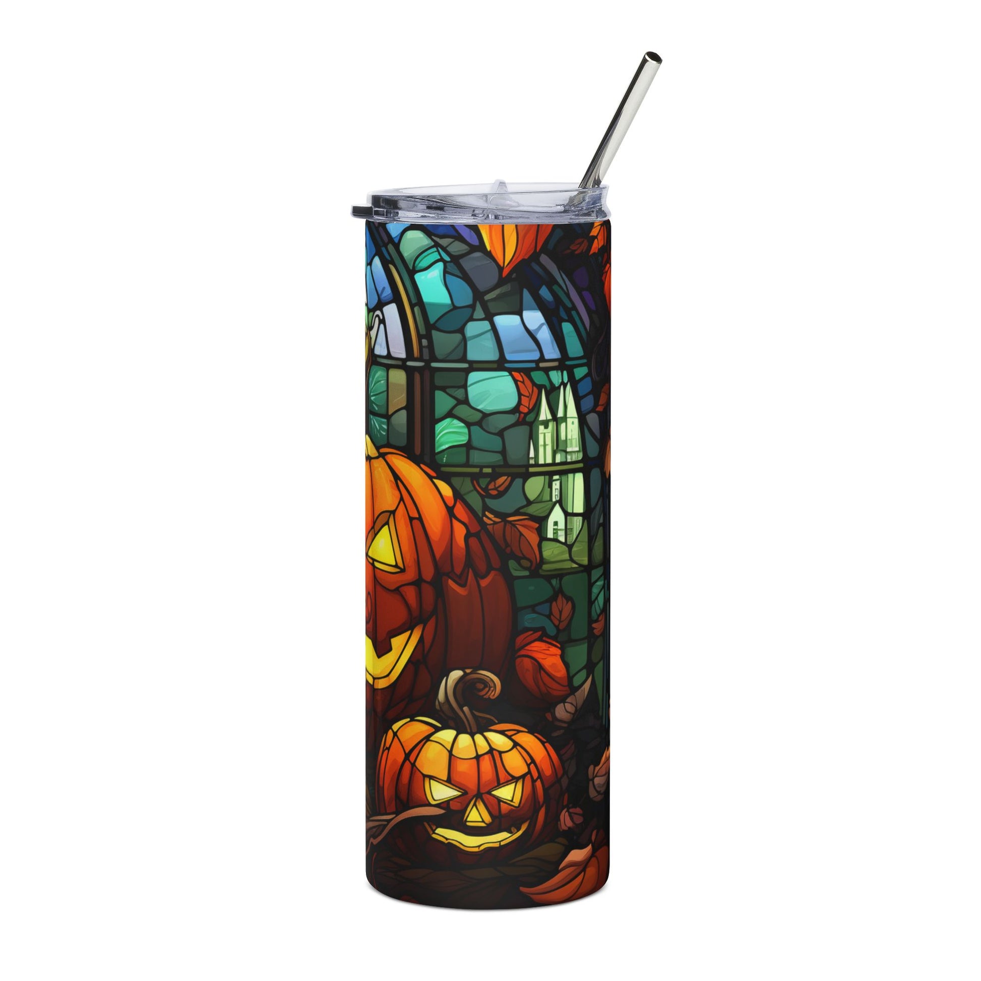 Tumbler with stained glass Halloween design featuring jack-o'-lanterns and a church.