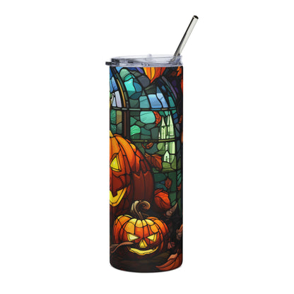 Tumbler with stained glass Halloween design featuring jack-o'-lanterns and a church.