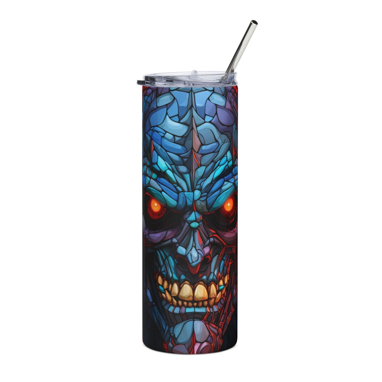 Tumbler with a stylized blue and red monster face and a metal straw.