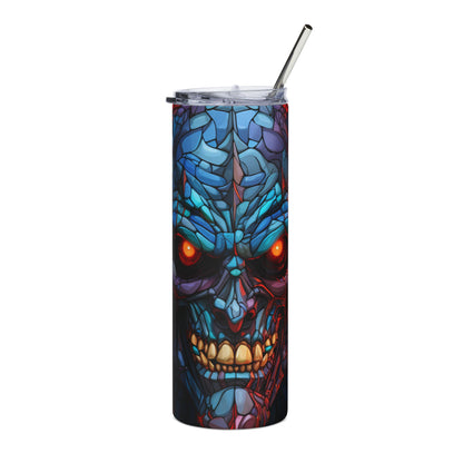 Tumbler with a stylized blue and red monster face and a metal straw.