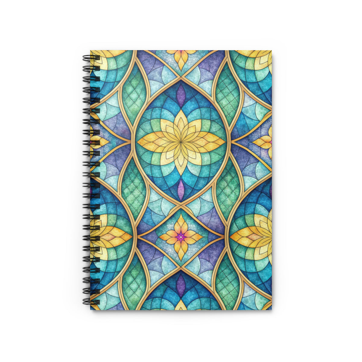 Spiral notebook with a stained glass floral pattern in blue, green, and yellow.
