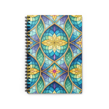 Spiral notebook with a stained glass floral pattern in blue, green, and yellow.