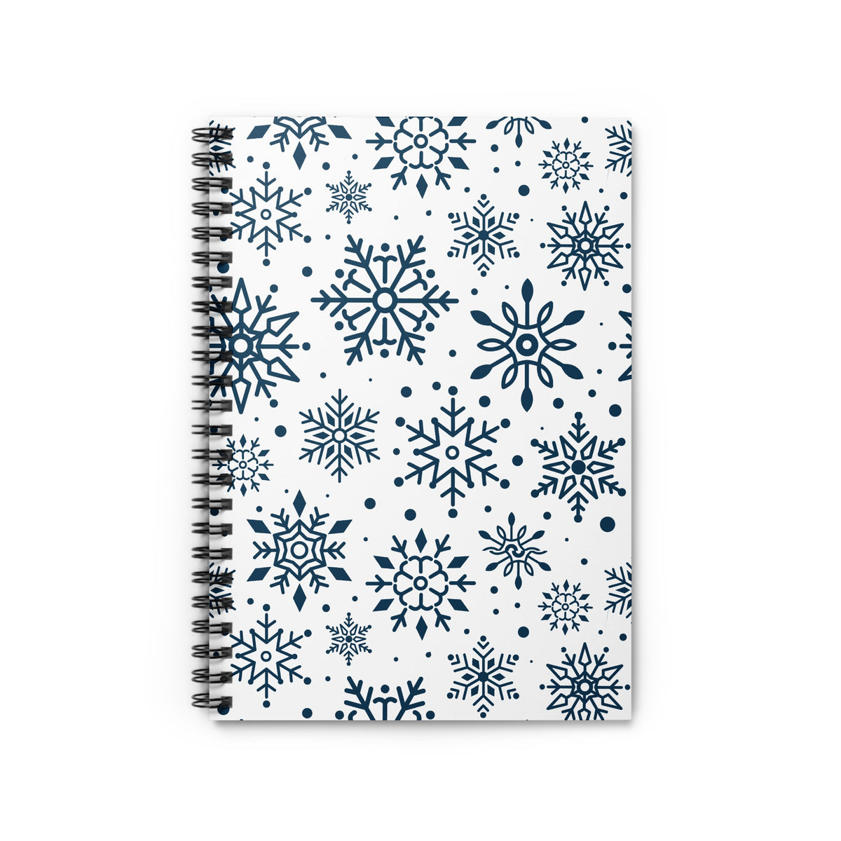 Spiral-bound notebook with a white cover featuring a pattern of dark blue snowflakes.
