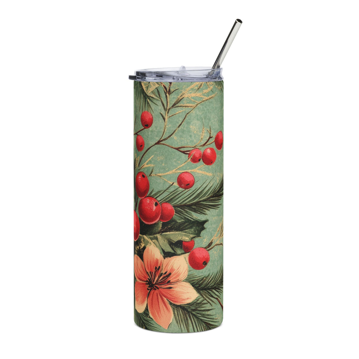 Tall tumbler with a vintage Christmas floral and berry design.