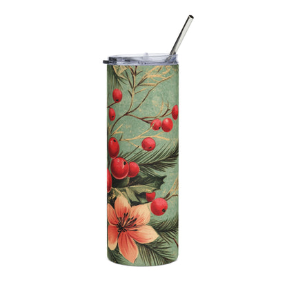 Tall tumbler with a vintage Christmas floral and berry design.